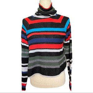 Free People Multicolor Black Blues Red Striped Turtleneck Longsleeve Sweater S